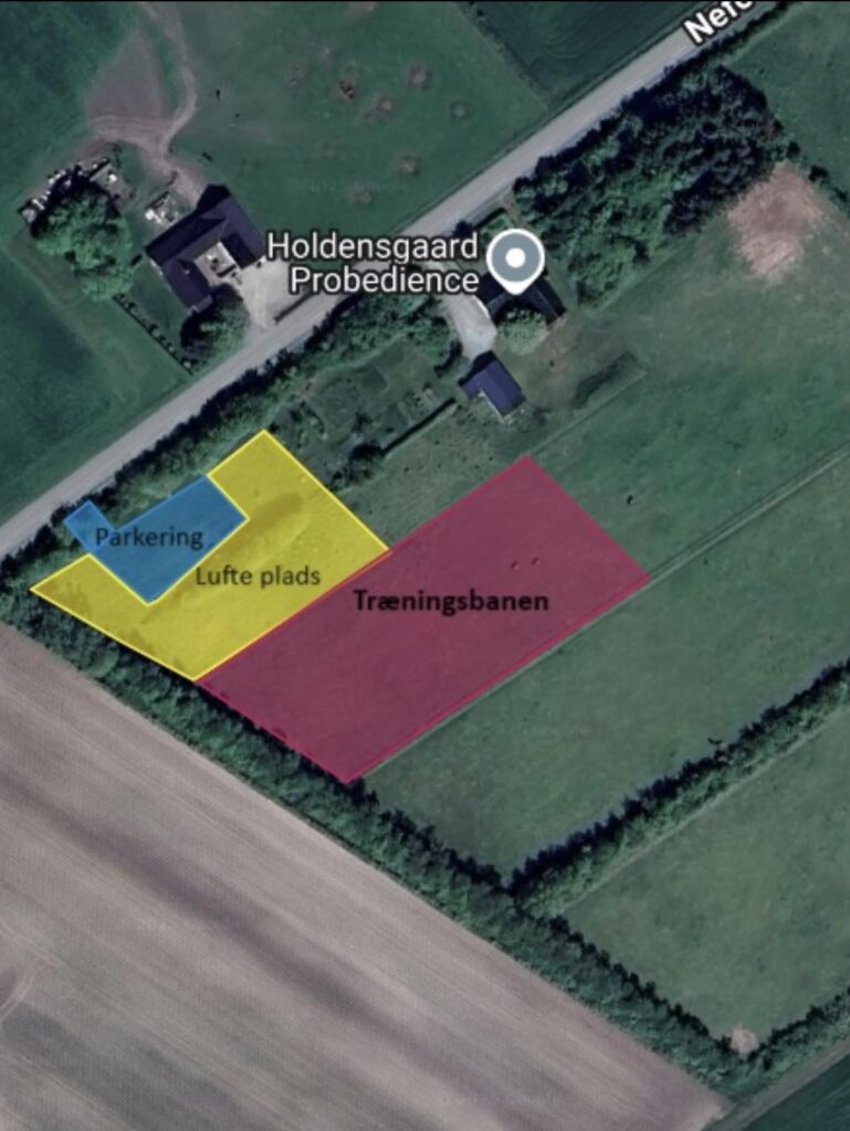 Luftfoto af Holdensgaard Probedience, der viser parkering, et område til hundeluftning og en træningsbane (Træningsbanen).